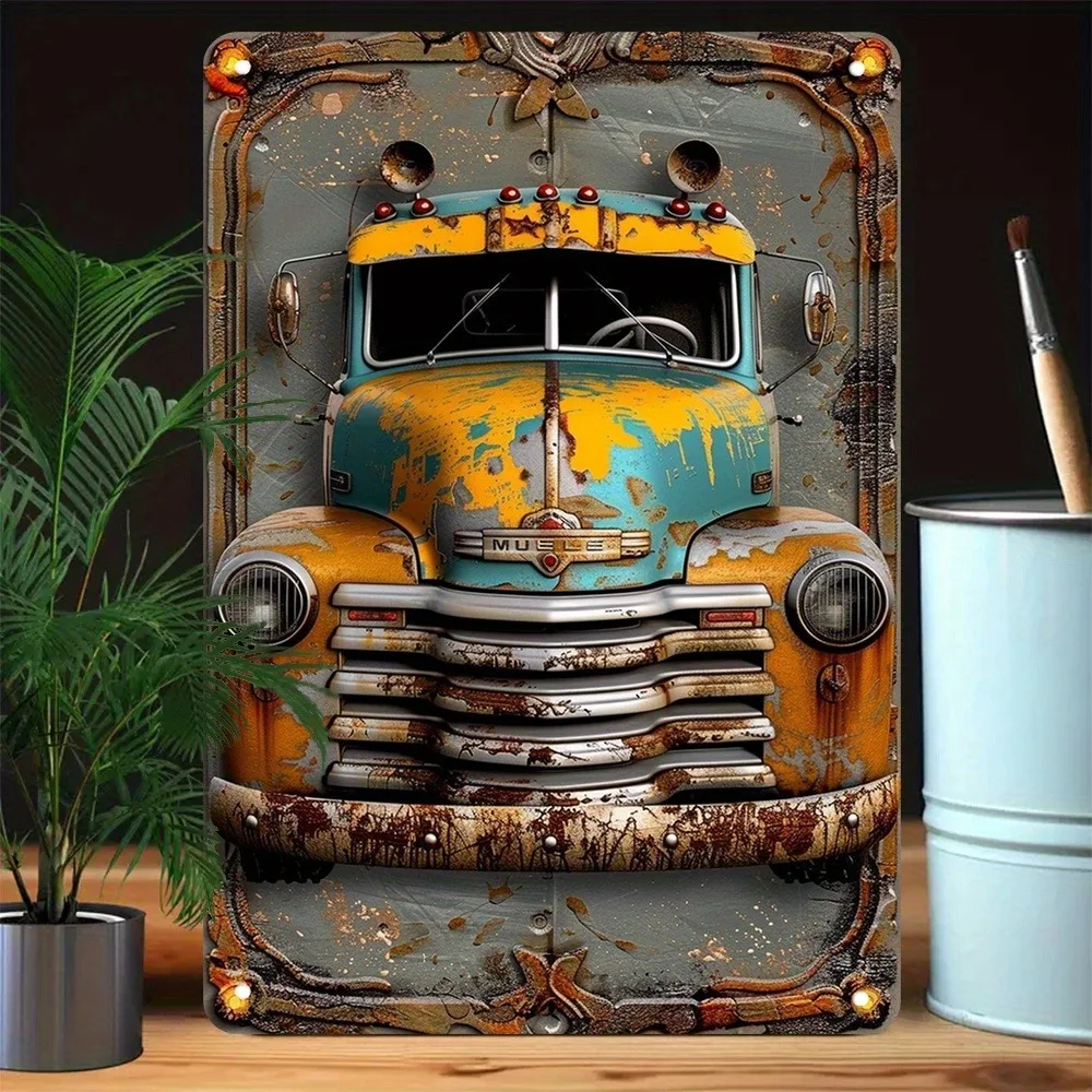 Vintage Rusty Old Pickup Truck 3D Effect Retro Metal Tin Sign Garage Man Cave Wall Art Decor