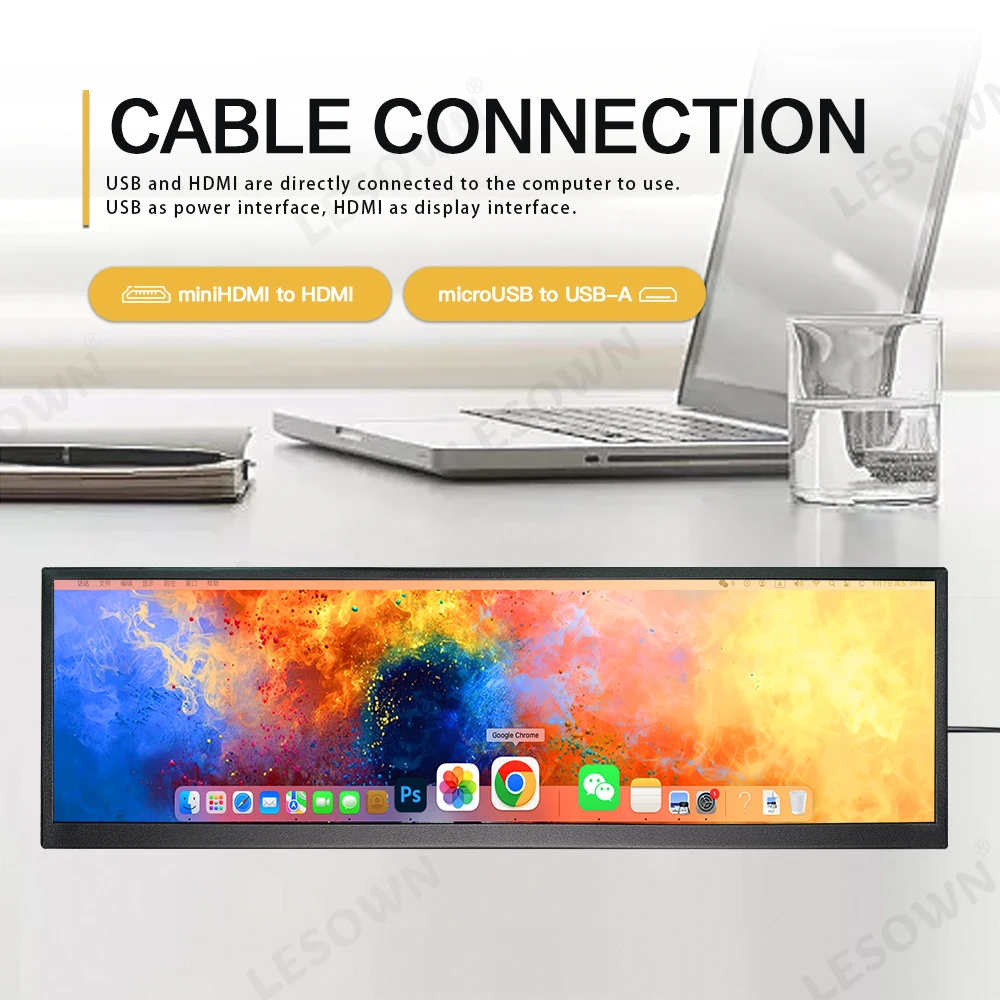 LESOWN Long Bar 12.7 12.6 inch Monitor 120Hz 2880x864 IPS Touch HDMI Type C Sensor Panel LCD Data Ancillary Screen Temp Display