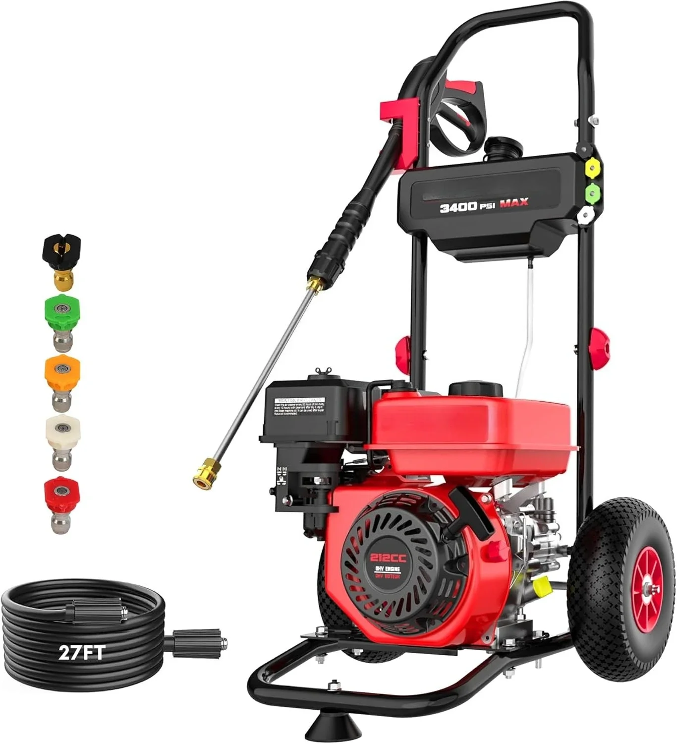 

Gas Pressure Washer MAX 3400 PSI, MAX 2.5 GPM, 212CC, with Onboard Soap Tank, Metal Spray Wand, 5 Nozzles for Houses, Driveways