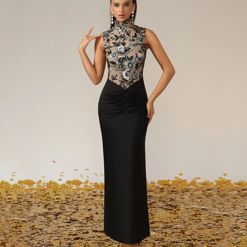 

Trendy Hot Star-Endorsed Sequin Wrap-Up Party Evening Gown with High-End Design Color Block Banquet Nightclub Dress