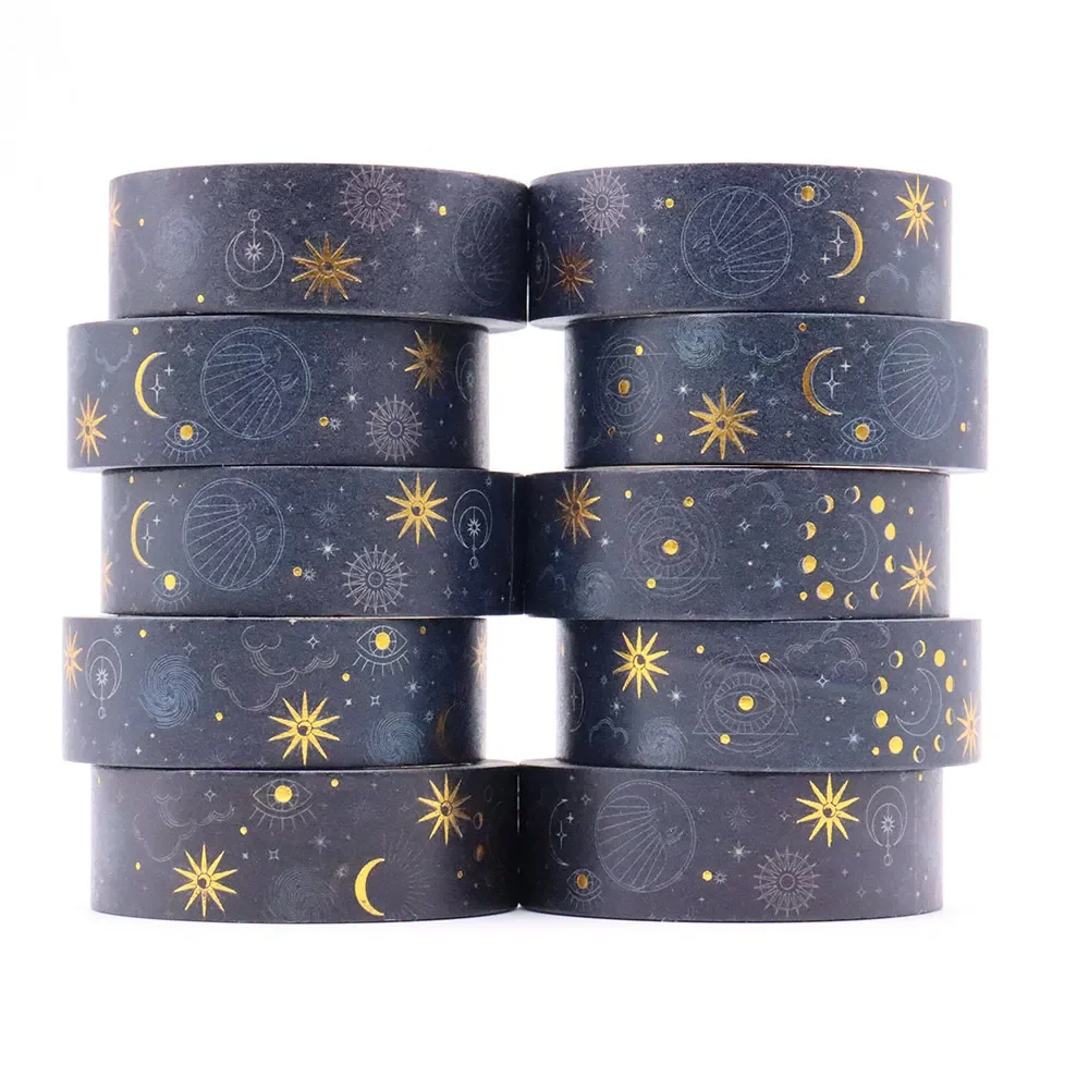 10PCS 15mm*10m Gold Foil Moon Stars Black Washi Tape Organizer Adhesive Stationery Office Supplies Washi Tapes Stickers