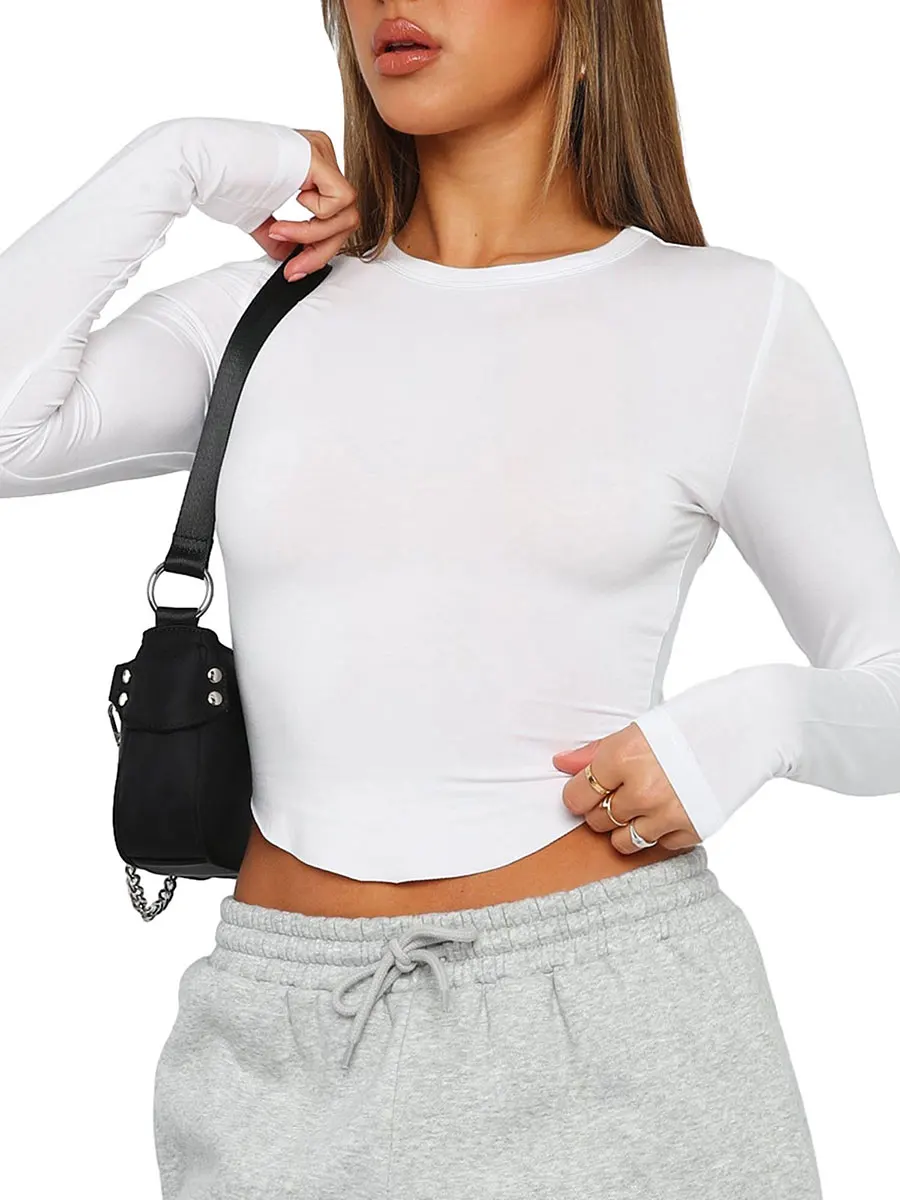 

Scriardv Women s Slim Fit Y2k Crop Tops Long Sleeve Round Neck Curved Hem Solid Color T-Shirt Dressy Blouses Streetwear