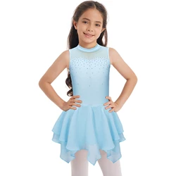 Vestido de patinaje artístico para niños y niñas, traje de actuación de baile lírico, Ballet, gimnasia, leotardo de malla de diamantes de imitación sin mangas, tutú