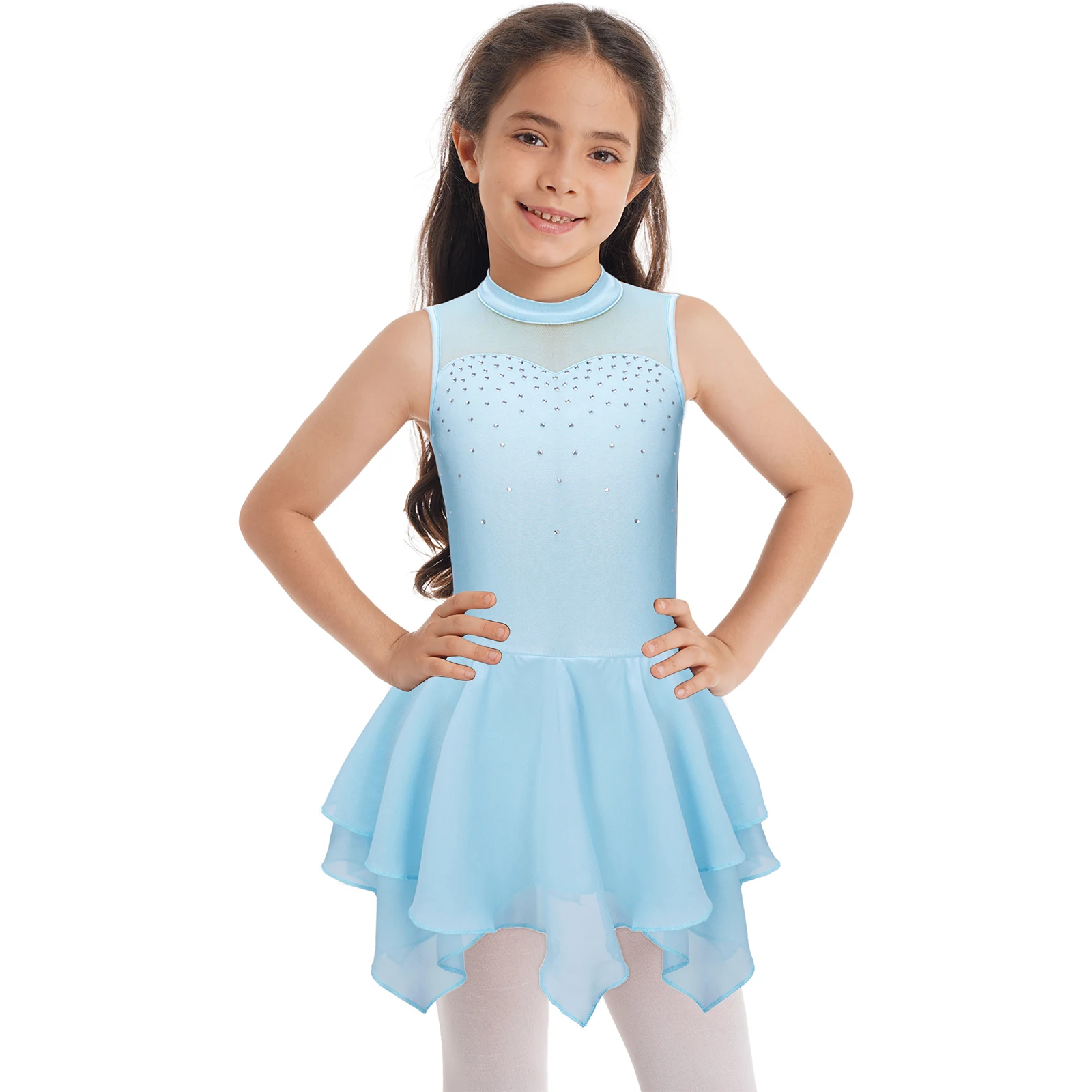 Kids Girls Shiny Rhinestone Figure Skating Dress Dancewear Sleeveless Hollow Back Mesh Patchwork Ballet Leotards Dance Costumes