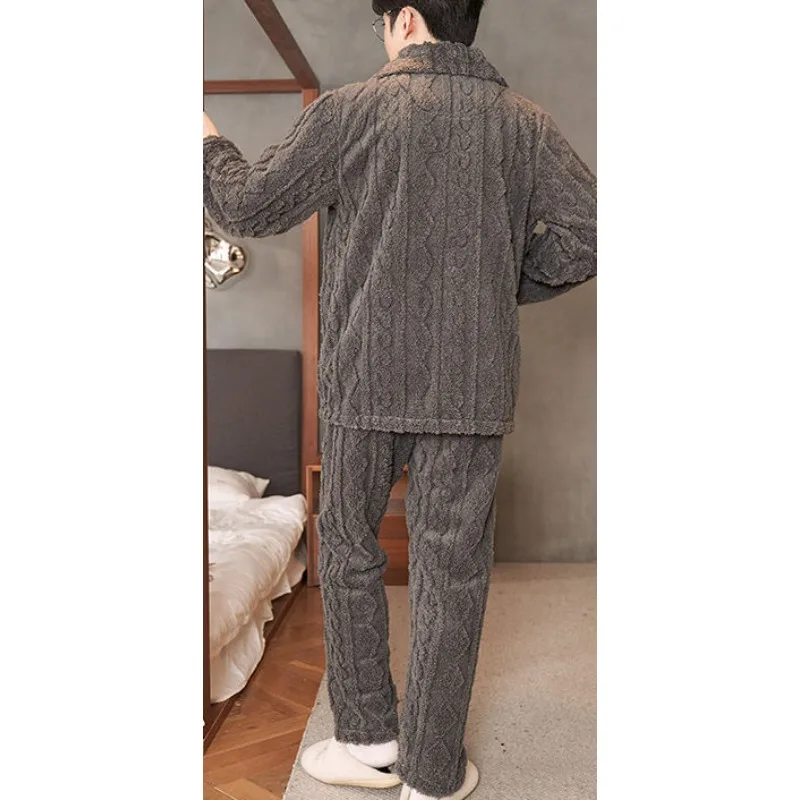 2024 Autumn Winter Men Pajama Coral Velvet Pyjamas Warm Cartoon Teen Sleepwear Heavy Fleece Nightdress Lapel breasted Set