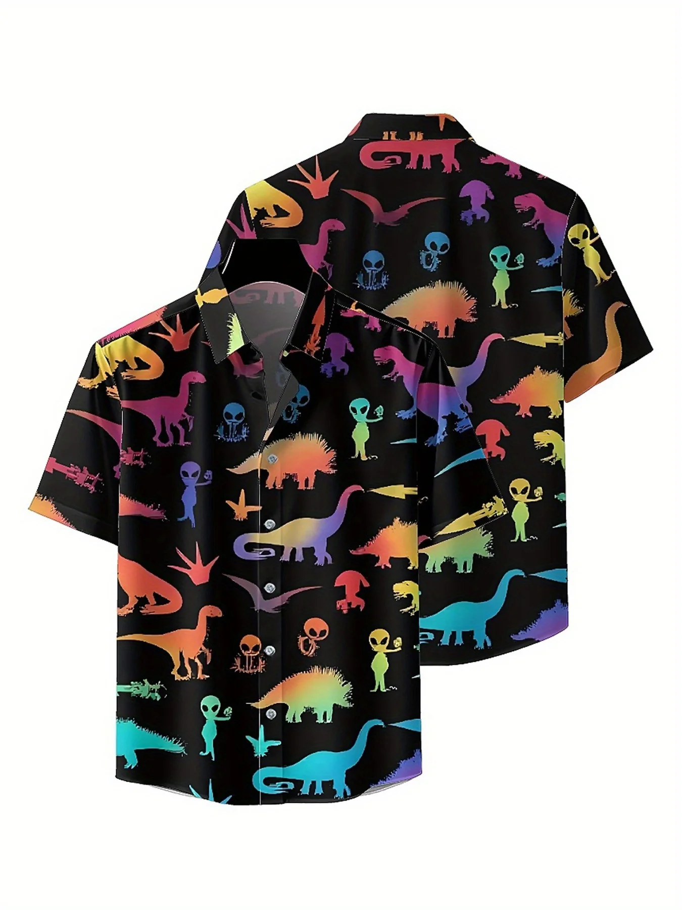 قمصان هاواي للرجال مقاس كبير بنمط الديناصورات والأجانب بألوان قوس قزح، قمصان صيفية غير رسمية، مناسبة للحفلات الخارجية، ملابس الشارع