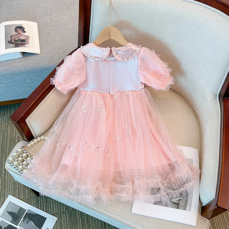 2024Girls New Spring, Summer, Autumn Pink Lace Dress Pearl Collar Sweet Short Sleeves and Dots Princess Dress