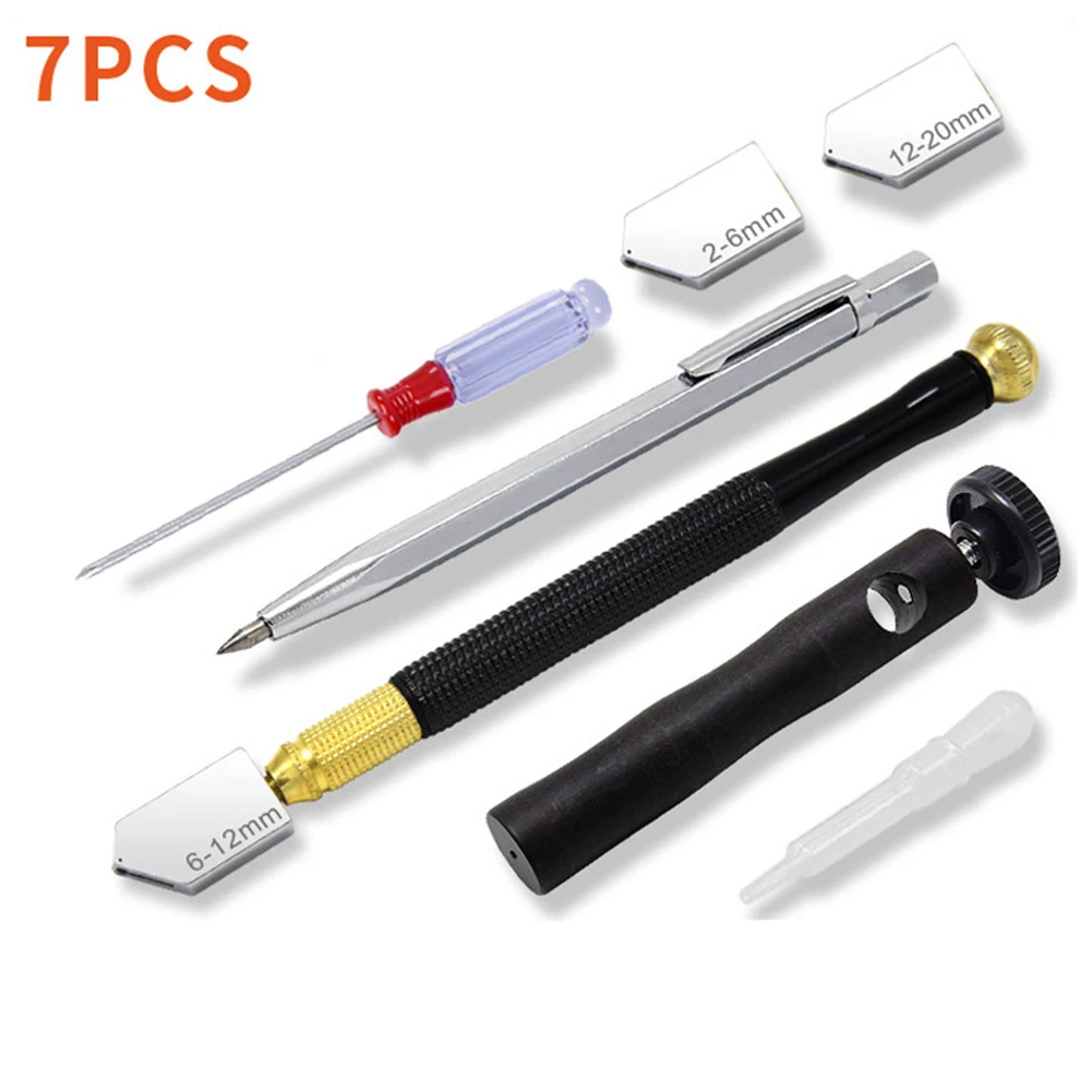 7pcs Glass Cutter Tool Kit 2mm-20mm Anti Slip Metal Handle Glass Cutter With 360 Degree Rotating Replaceable Cutter Head