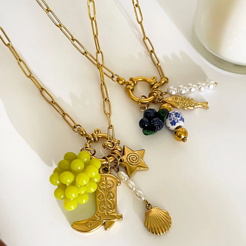 พริสก้า |   สร้อยคอไข่มุกดีไซน์เฉพาะตัวสำหรับผู้หญิง ทำจากสแตนเลสชุบทอง 18k เครื่องประดับน่ารัก กันน้ำ