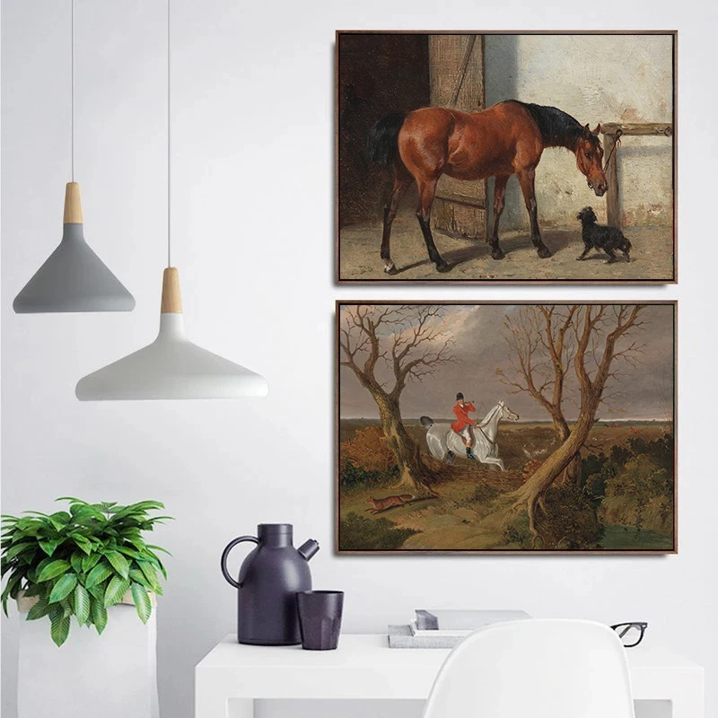 Vintage Medieval Style Horse and Dog Grassland Trees Poster Canvas Printing Decor Living Room Bedroom Wall Art Home Decor Gifts