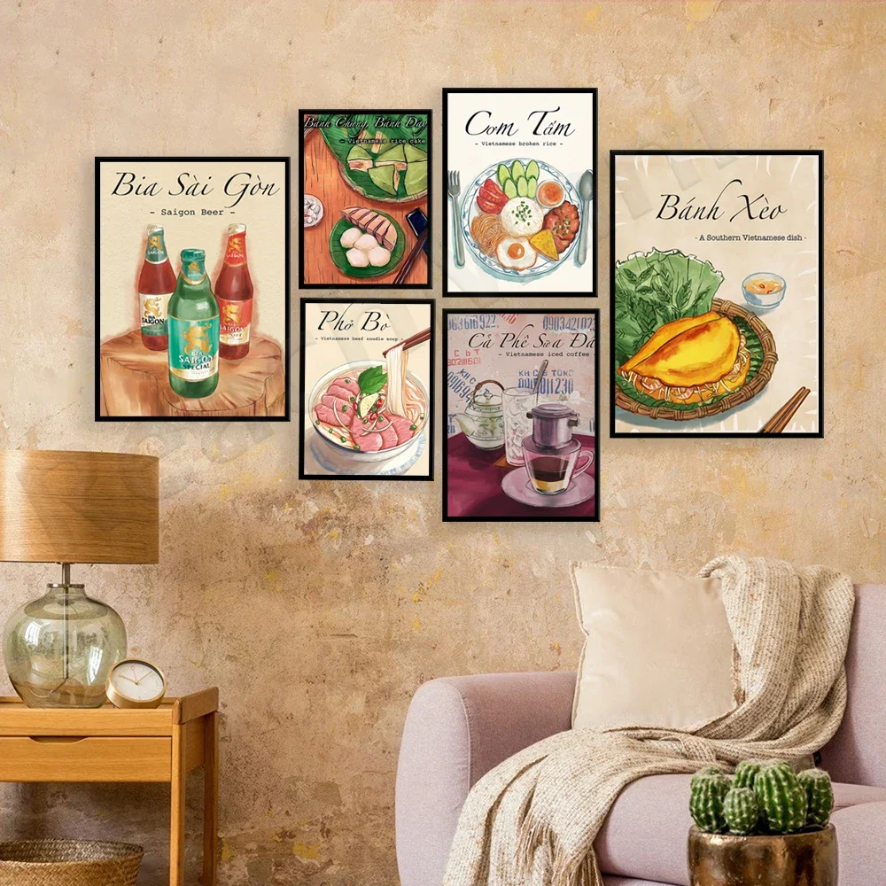 Vietnamese Cuisine Wall Art  Steamed Rice Rolls Sticky Rice Cakes Beef Noodle Soup Saigon Beer Pancakes  Food Poster for Coffee