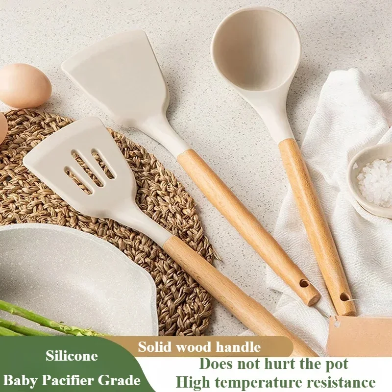 

Silicone Cooking Accessories Wooden Handle Spatula Spoon Set High Temperature Kitchen Tools Non-Stick Pan Specialized