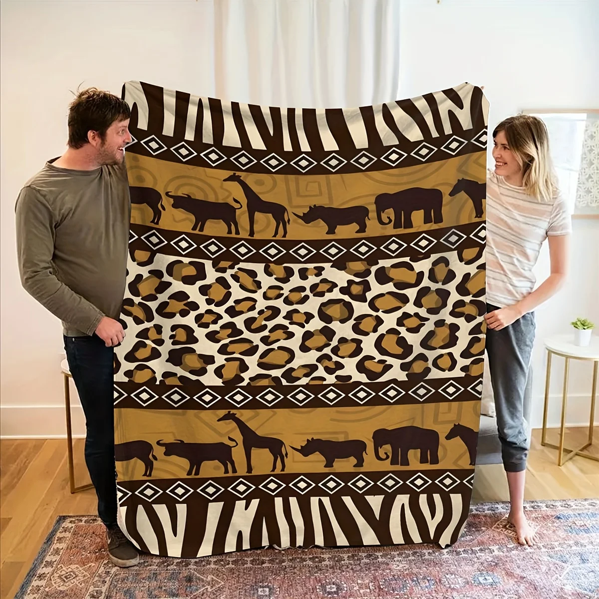 A Fleece Blanket Featuring an African Savanna Theme, Printed with Animals Like Giraffes And Elephants, Along with Leopard And Ze