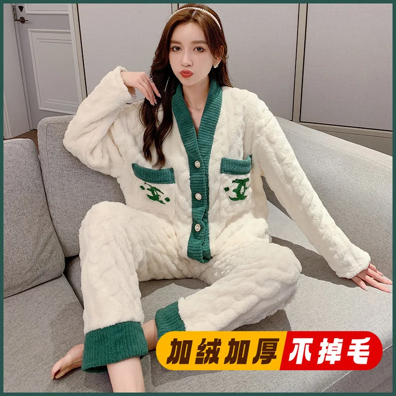 Pajamas Set Mother Postpartum Women Autumn Winter Pregnant Women Flannel Nursing Pijamas Thickened Plush Breastfeeding Homewear