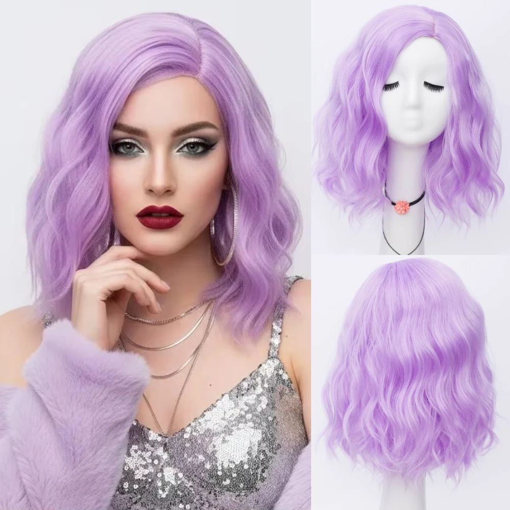 

Women Short Purple Cosplay Wig For Party Wavy Synthetic Fiber Hair Pink Blue Color