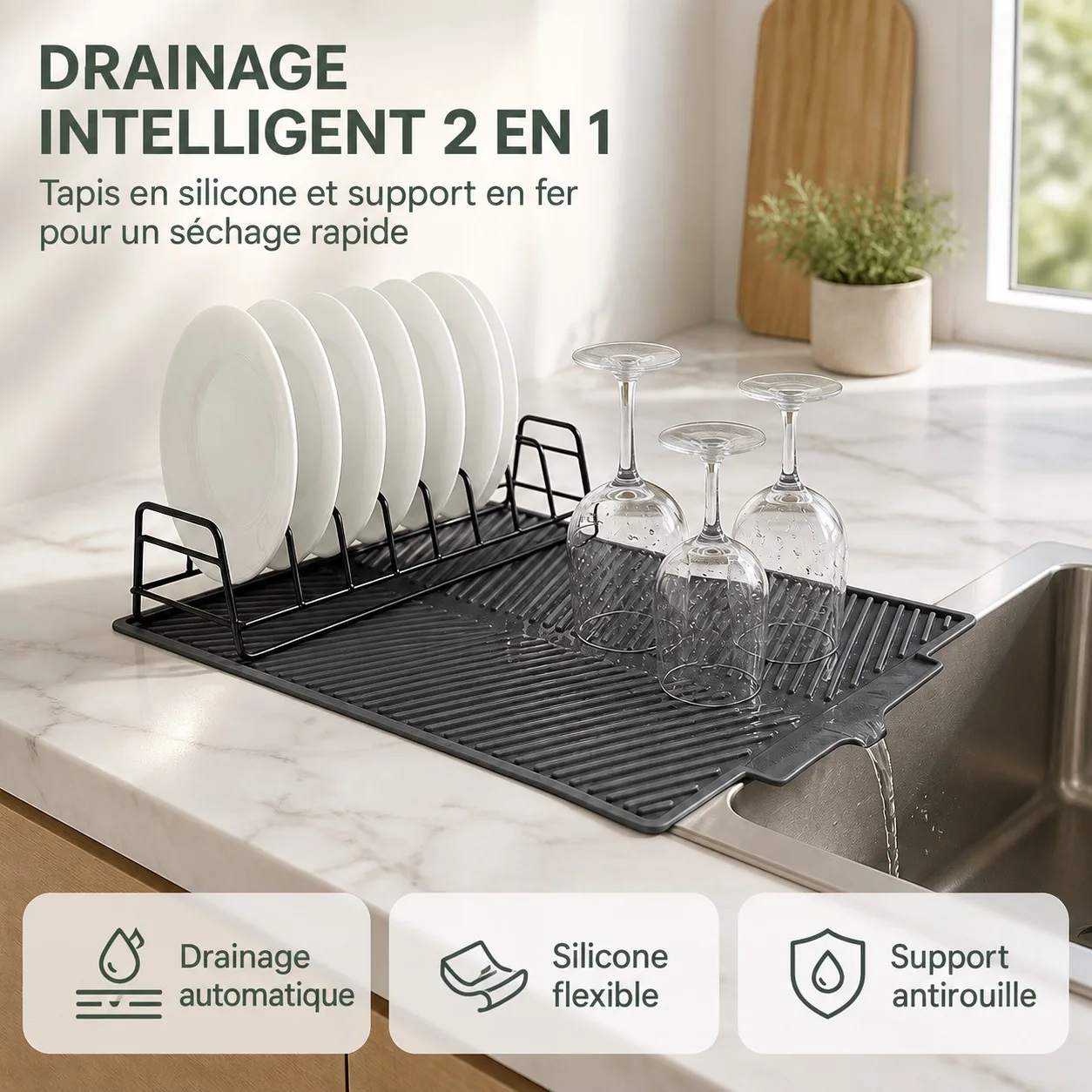 Escurridor de platos 2 en 1 con base de silicona y soporte de metal, 43 x 33 cm, sistema de drenaje automático para el fregadero de la cocina, organizador de platos.