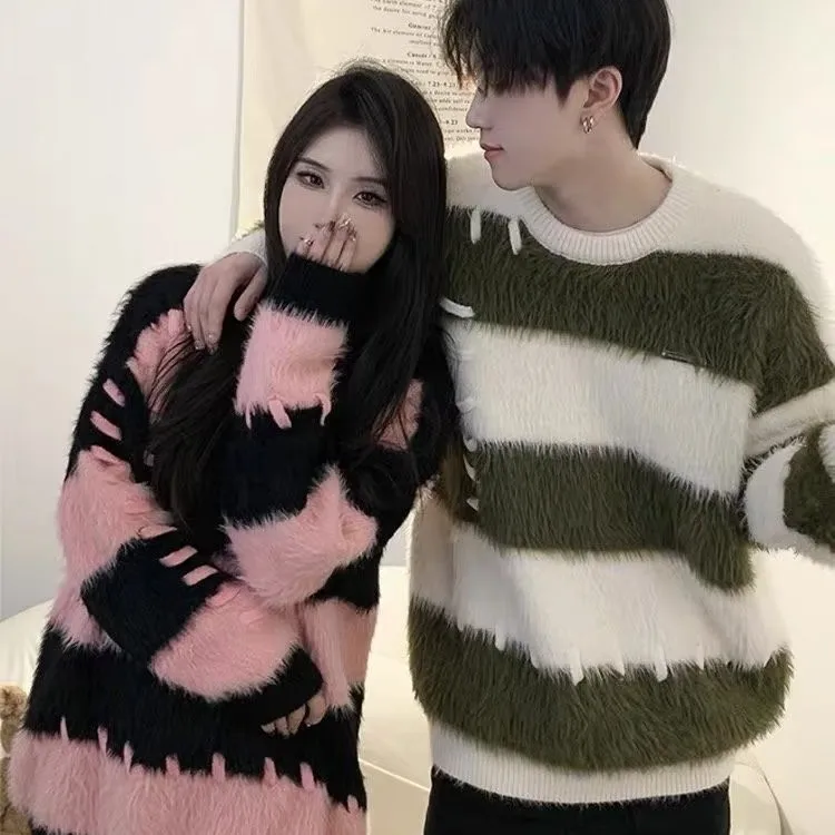 

Свободный вязаный свитер для пар, мягкий Plu, полиэфирное волокно, зимний теплый круглый Ne Long Sve, полосатый мужской повседневный свитер