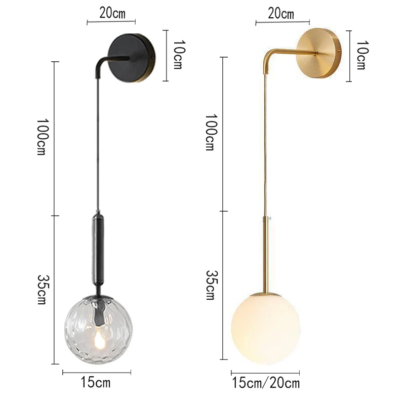 Lâmpada de parede moderna para Sala Decoração, cabeceira Lamp, Vidro Ballon Bulb, Luz de parede Interior, Preto e Ouro, Cabeceira Lamp, Adequado para Corredor, E27