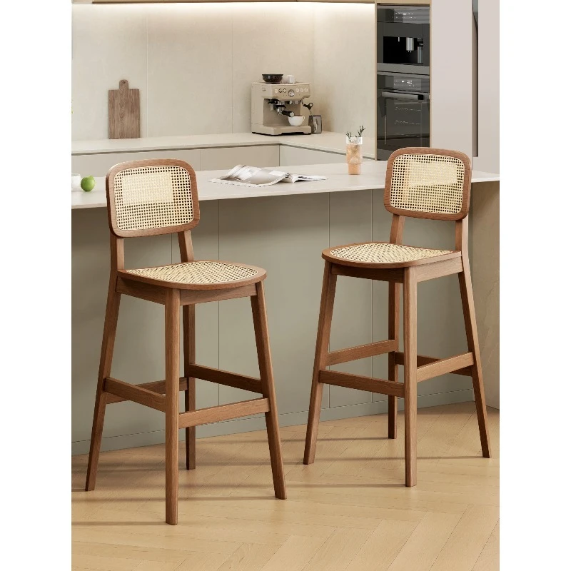 

Nordic solid wood bar chair household high backrest rattan bar stool island stool dining table chair