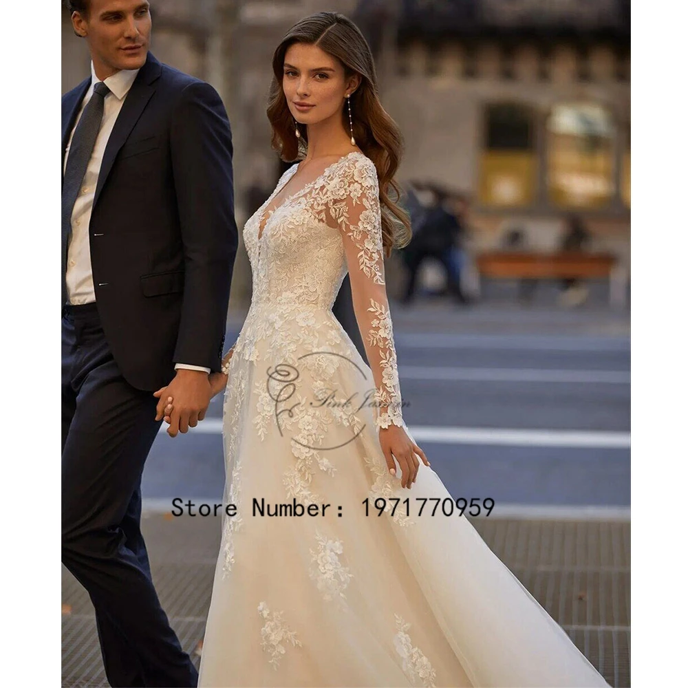 Luxury V Neck Long Sleeves Wedding Dresses For Women Bridal Gowns A Line Appliques Button Back Vestido De Novia 2024 New