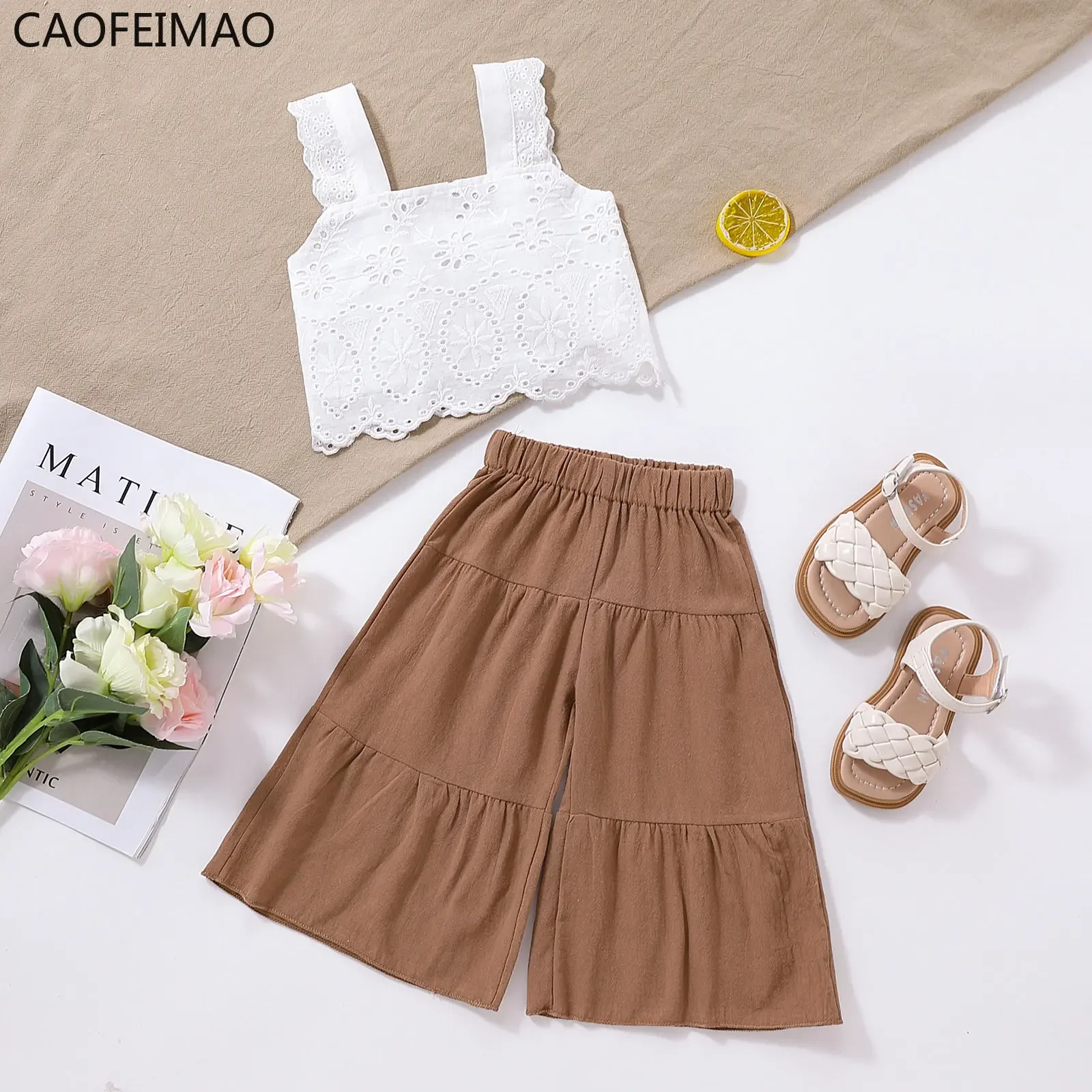 

2023Summer Girls Clothing Sets Casual Style Floral Lace Sleeveless Crop Tops+Wide Leg Pants Baby Clothes Children Kids Outfits