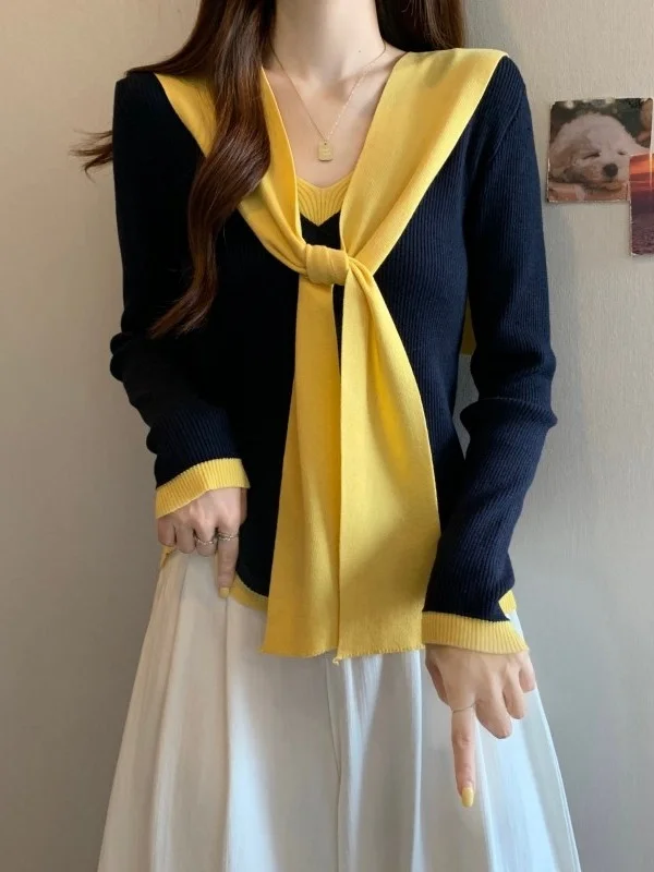 التخسيس V-Ne محبوك سترة المرأة الخريف الشتاء قطعتين مجموعة oulder طول تريكو قاعدة irt الكورية Sle تخفيف