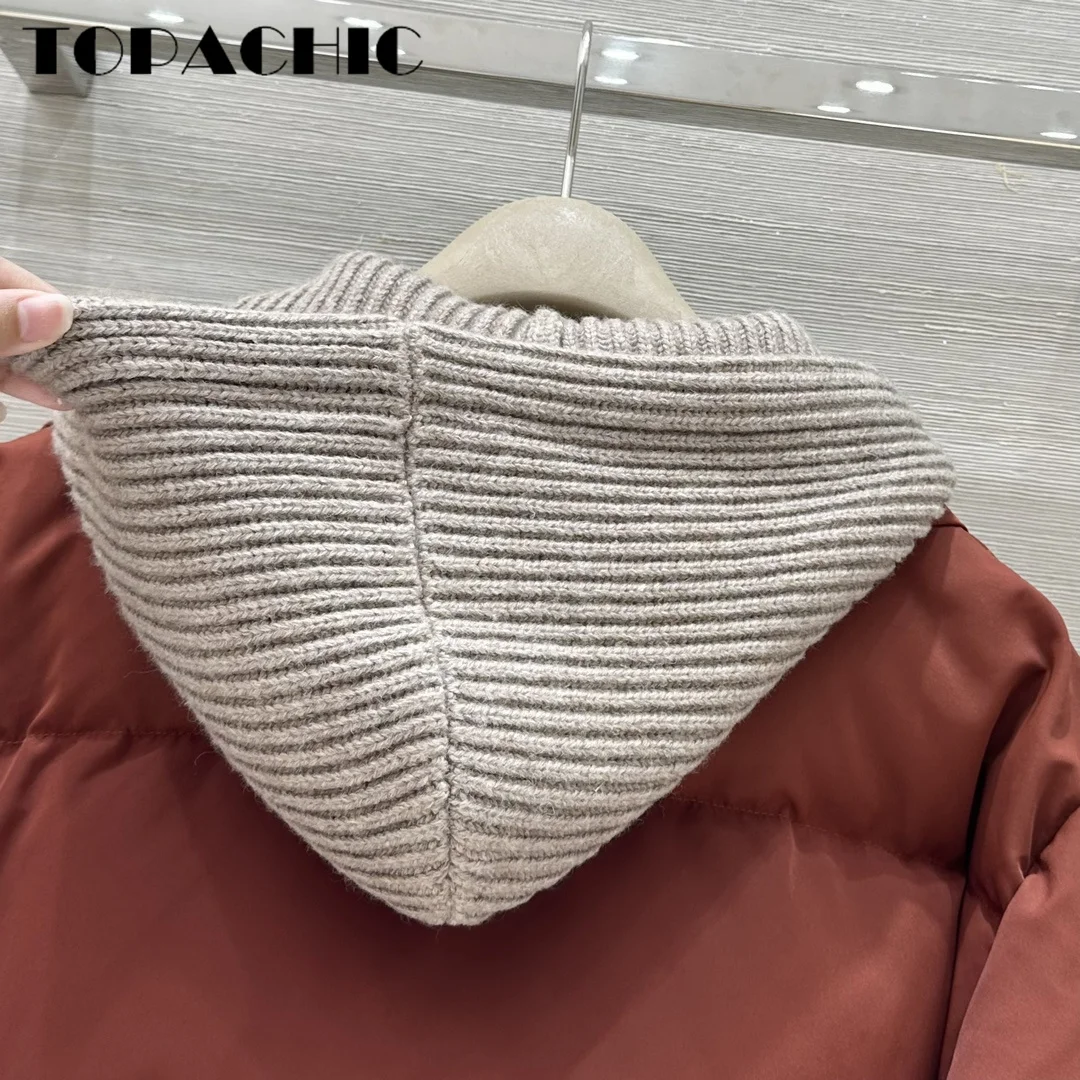 9.1 TOPACHIC-Women Bead Chain Hooded Knit Spliced Fake Two Pieces Long Sleeve Down Jacket Hat Detachable Zipper Thick Down Coat