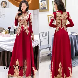 Customized Modest Evening Dress Wine Red High Collar Full Sleeves Zipper A-line Floor Length Plus size Woman Party Formal Gowns