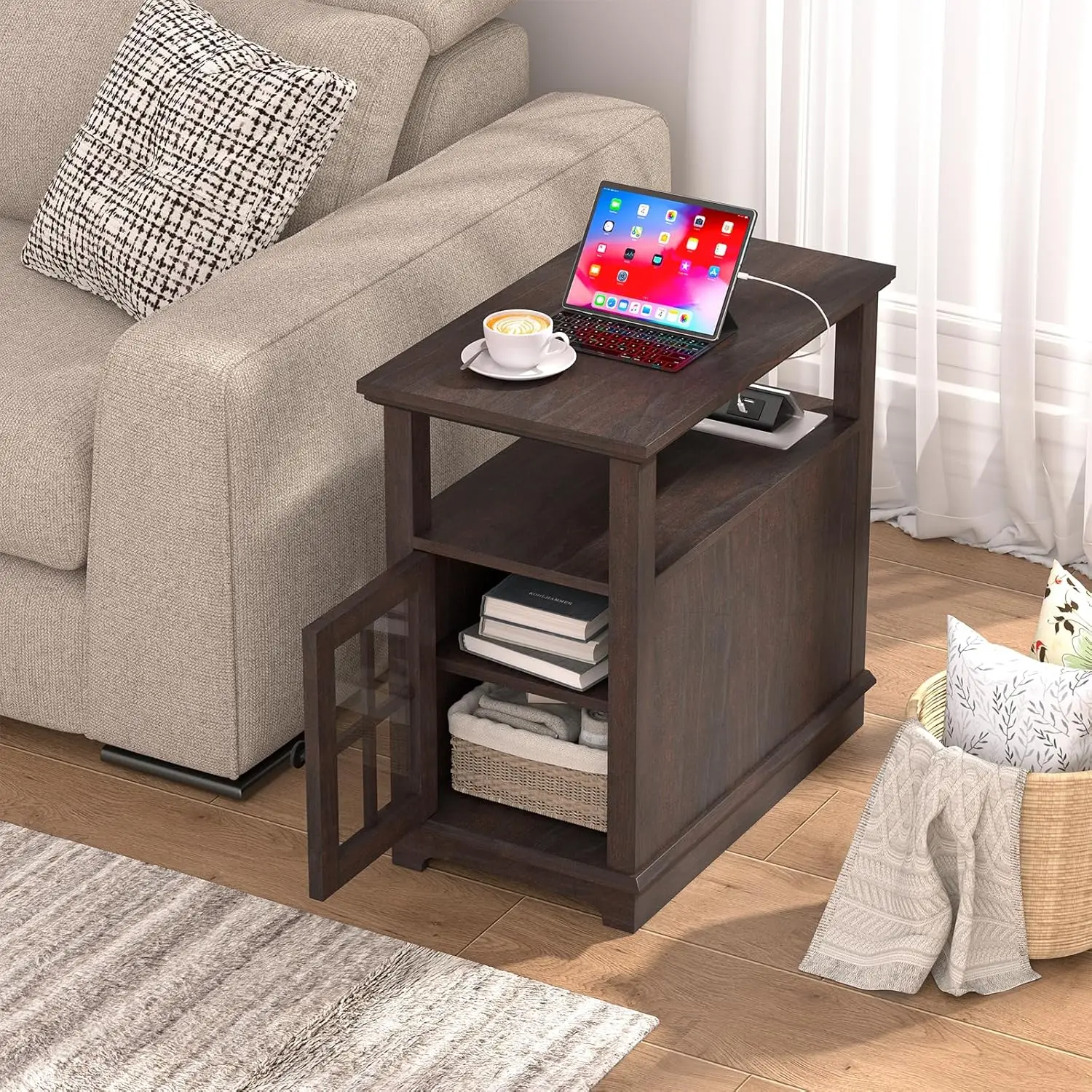 Narrow End Table with Flip Top Charging Station and Storage Cabinet, Type-C & USB Port & Power outlets, Adjustable Shel