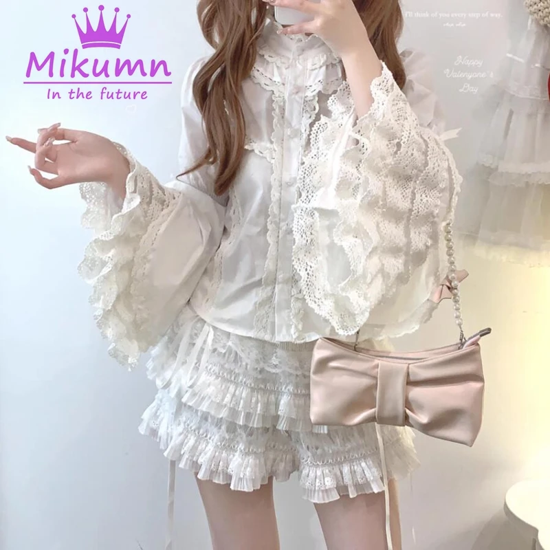 Mikumn camicette stile gotico Lolita donna vittoriano Vintage elegante pizzo volant manica svasata top ragazze camicie Kawaii giapponesi