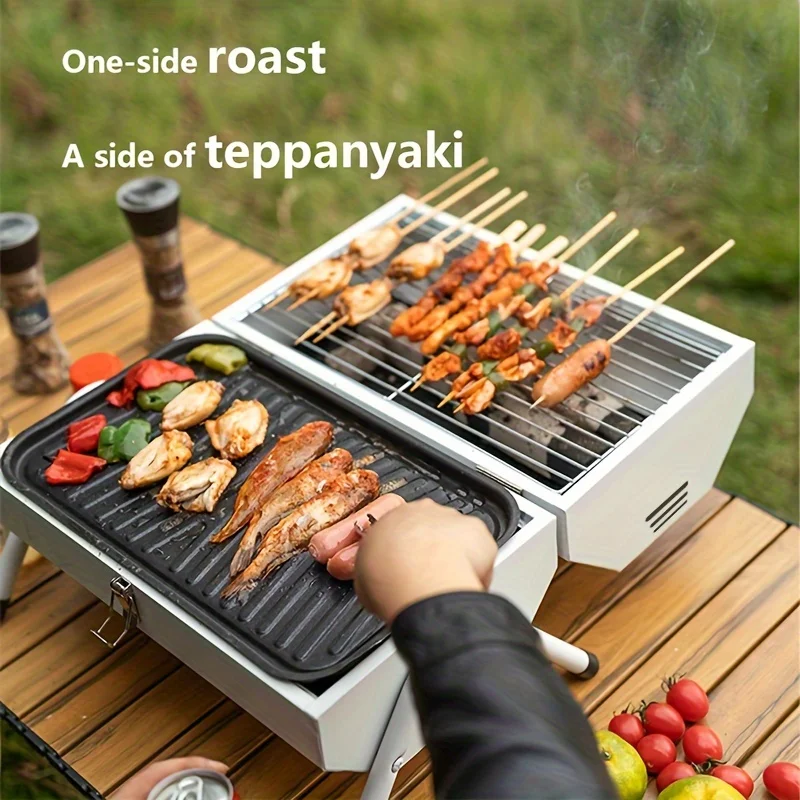 Portable Stainless Steel Charcoal Grill, Foldable Outdoor BBQ Stove, Mini Camping Grill for Picnics and Tailgating, Dual Chamber