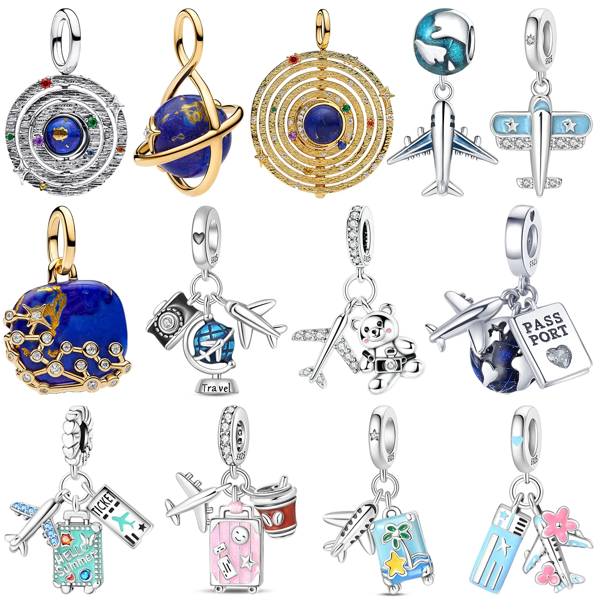 925 Sterling Silver Airplane Passport Globe Solar System Planet Suitcase Ticket Charms Pendents Beads Fit Bracelet DIY Jewelry