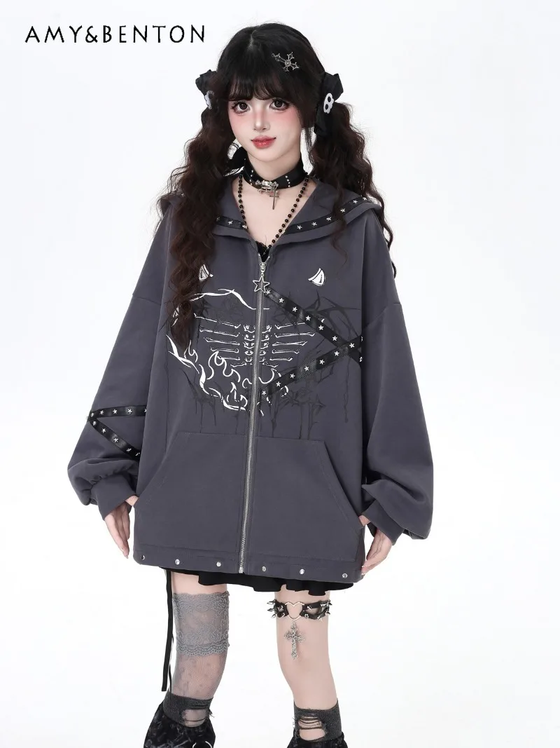 오리지널 네이비 칼라 서브컬쳐 다크 고딕 프린트 리벳 긴팔 지퍼 후드티 여성 일본 대학 스타일 루즈 후드티