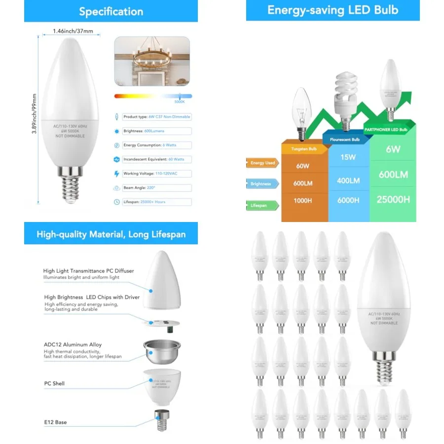 

E12 LED Light Bulbs B11 Candelabra Bulbs 60W Equivalent, Non-Dimmable 6W LED Candle Chandelier Bulb 600 Lumen,,Pack of 24