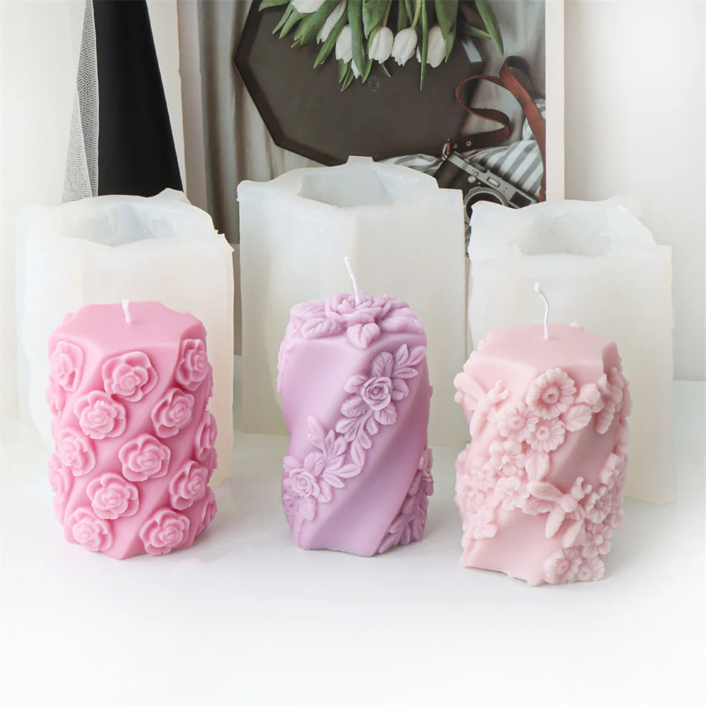 Florale Säule Kerze Silikonform 3D gedrehte Rose und Blätter Säulenformen für Aromatherapie und Gips DIY handgemachte Geschenkdekoration