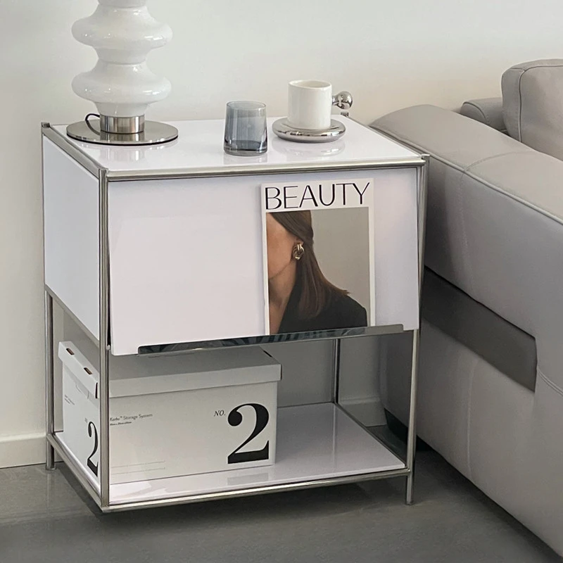 Household bedside table, stainless steel magazine rack, living room side  storage chest of drawers small