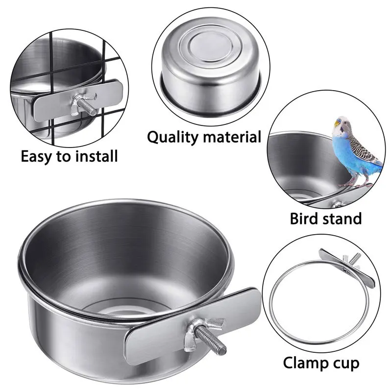 Rabbit Pet Food Dish Hamster Stainless Steel Clamp-on Water Drinker Bird Feeder Parrot Feeding Bowl Cage Cup