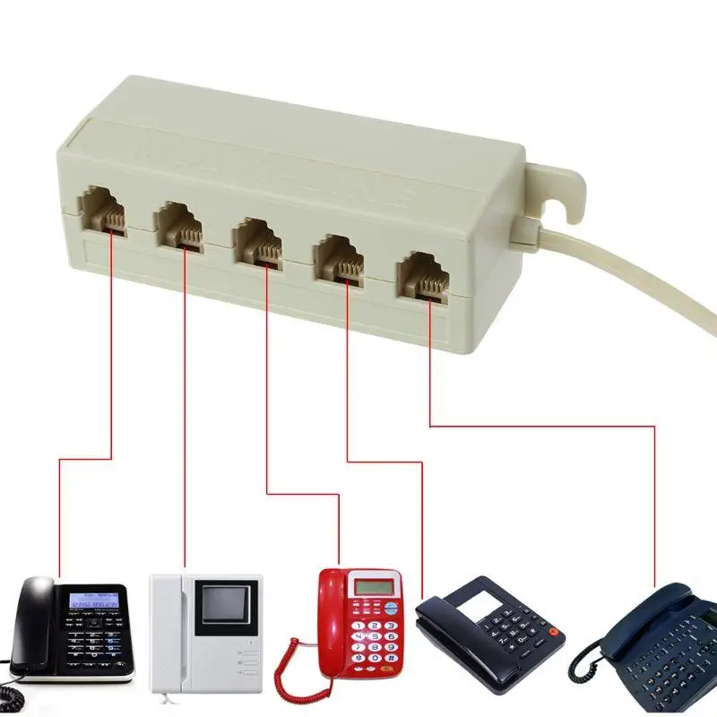 Beige Color 5 Way Outlet 6P4C RJ11 Telephone Phone Modular Jack Line Splitter Adapter 1-in-5-out