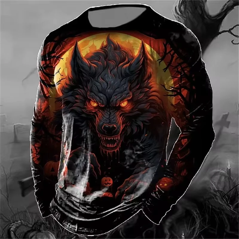 

Men's T Shirt Animal Wolf 3d Print Blouse Hallloen Long Sleeve Tee Vintage Fashlioon Man Clolkjing Autumn Casual Gothic Pullliy