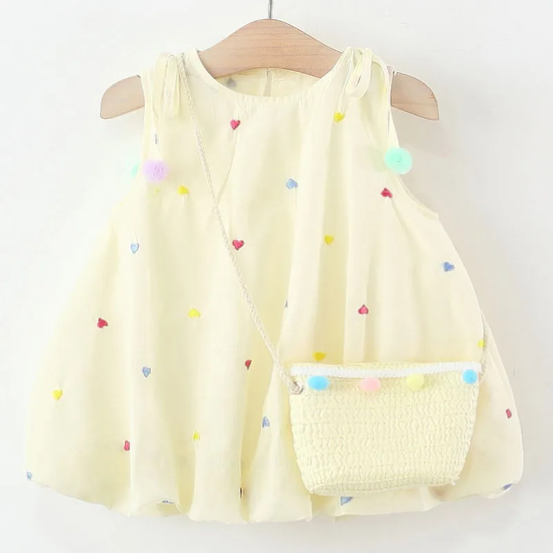 

2Piece 2025 New Summer Toddler Girl Dress Korean Kids Clothes Fashion Cute Princess Sleeveless Cotton Baby Dresses+Bag Sets B082