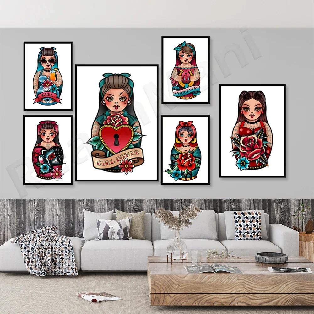 Matryoshka print, vintage tattoo pin russian doll print, matryoshka wall poster, gift for her