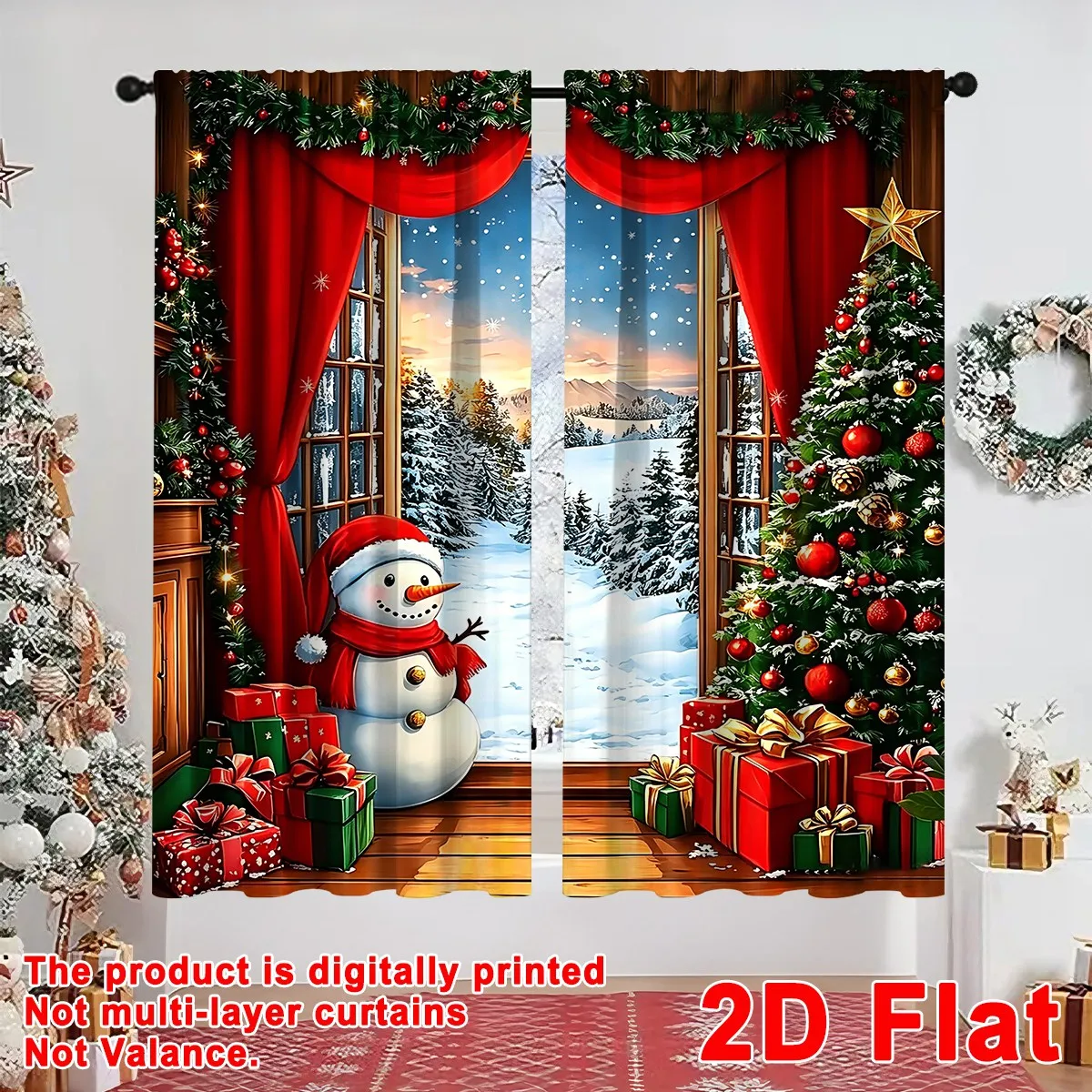2 Stück Festliche Weihnachtsvorhänge Schneemann- und Weihnachtsbaum-Design Polyester-Vorhänge mit Schlaufen für Schlafzimmer Weihnachtsdekoration 2026 – Detail 3