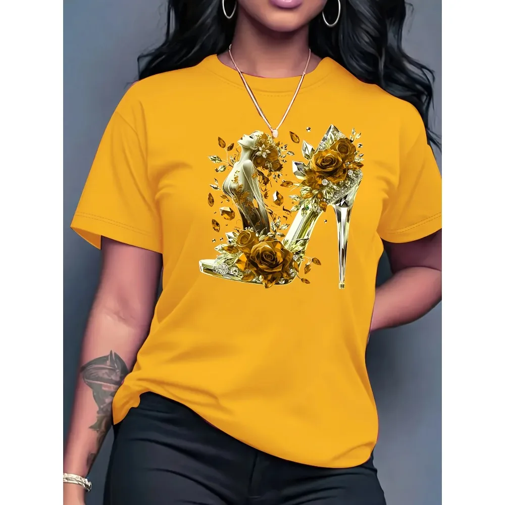 Crew Neck Short Sleeve Vibrant Crystal High Heel Rose Graphic Print Women's T-Shirt Urban Style Printed Design in Vibrant Colors