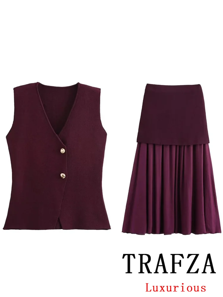 TRAFZA Vintage Chic Red Suit Solid Knitted Single Breasted Vest Long Straight Zipper Skirt New Fashion 2024 Autumn Winter Sets