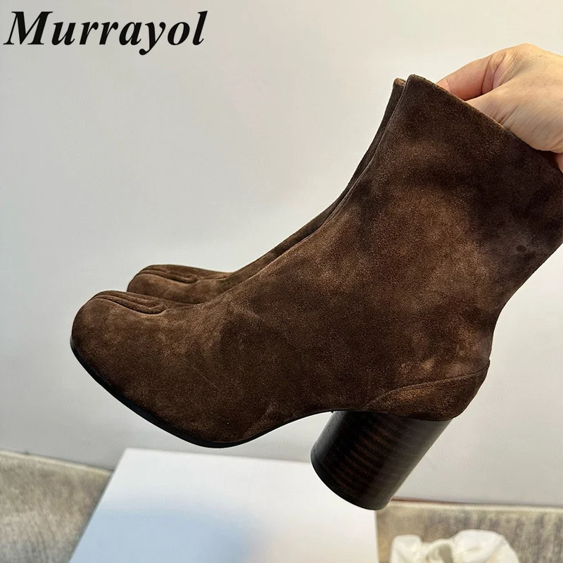 

Split Toe Solid Color Round Heels Short Boots Women's Cow Suede Side Zipper Ankle Botas Spring Autumn Retro Chelsea Boots