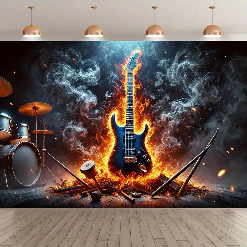 1pc Flaming Guitar Music Backdrop 2D Flat Printing Tapestry with Drum Set for Rock Concert or Birthday Party