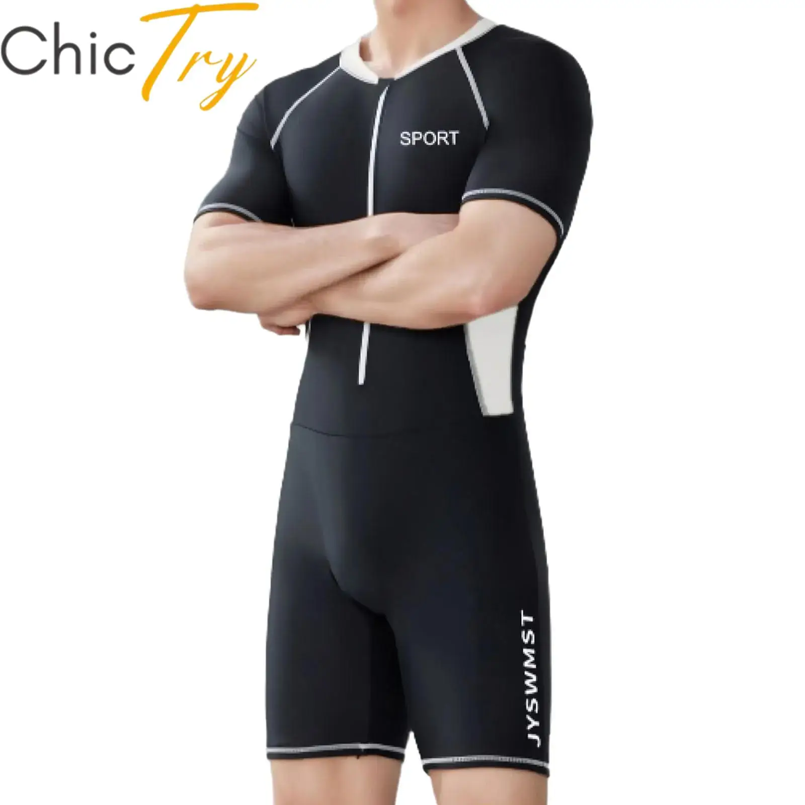 

Mens Swim Leotard One-Piece Swimsuit Swimming Rash Guard Bathing Suit Beachwear Swimwear Short Sleeves Front Zipper Jumpsuit