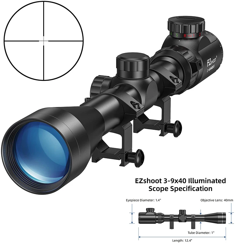 

EZshoot 3-9x40 Rifle Scope Red Green Illuminated Riflescope Crosshair Reticle Optics with 20mm Scope Mounts For Picatinny Rail