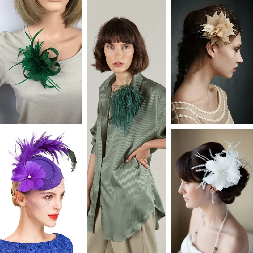 Dark Green Brooches Pins Fashion Women Brooch Feather Fabric Flower Broohes Pin Handmade Jewelry For Lady Trendy Hair Accesories