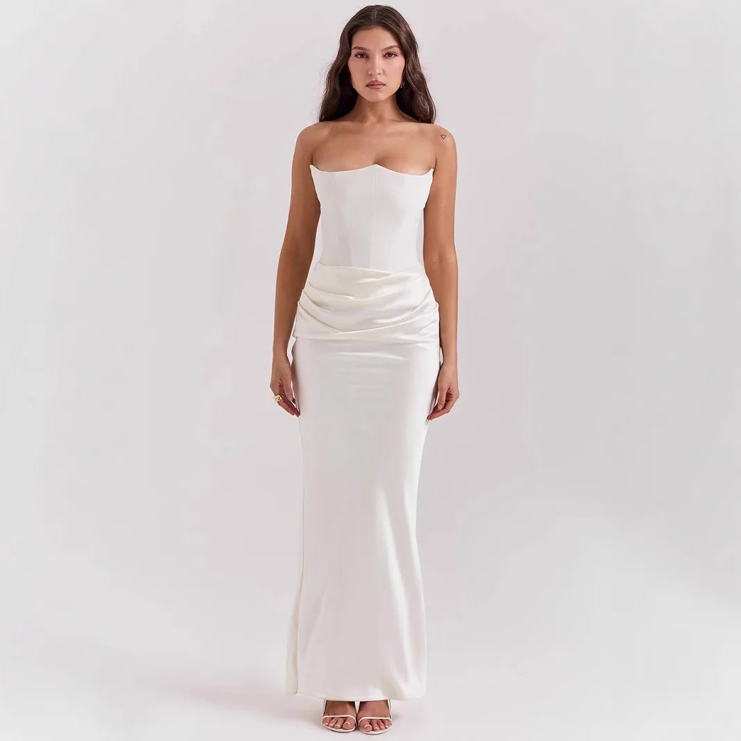 Abito lungo da donna sexy senza spalline in raso Abito lungo senza maniche nero a vita alta Abito estivo femminile skinny elegante Party Clubwear 2025 Vestido